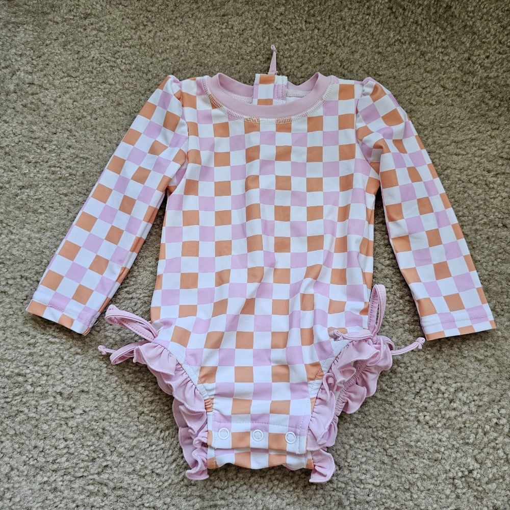 Caden Lane Girls Pink and Peach Checkerboard Long-Sleeve One-Piece Swimsuit